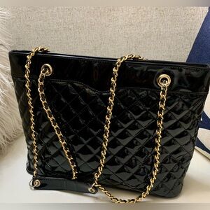 Leather A. W. Large leather/patent leather bag, black and gold.💎#AWB